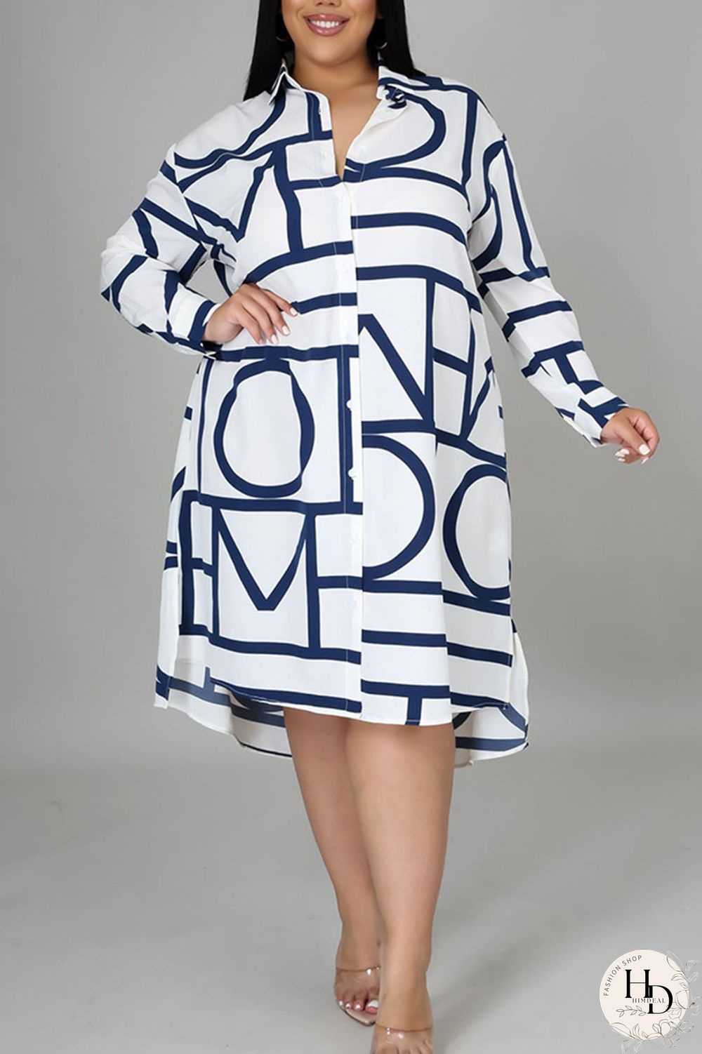 White Casual Print Split Joint Turndown Collar Shirt Dress Plus Size Dresses