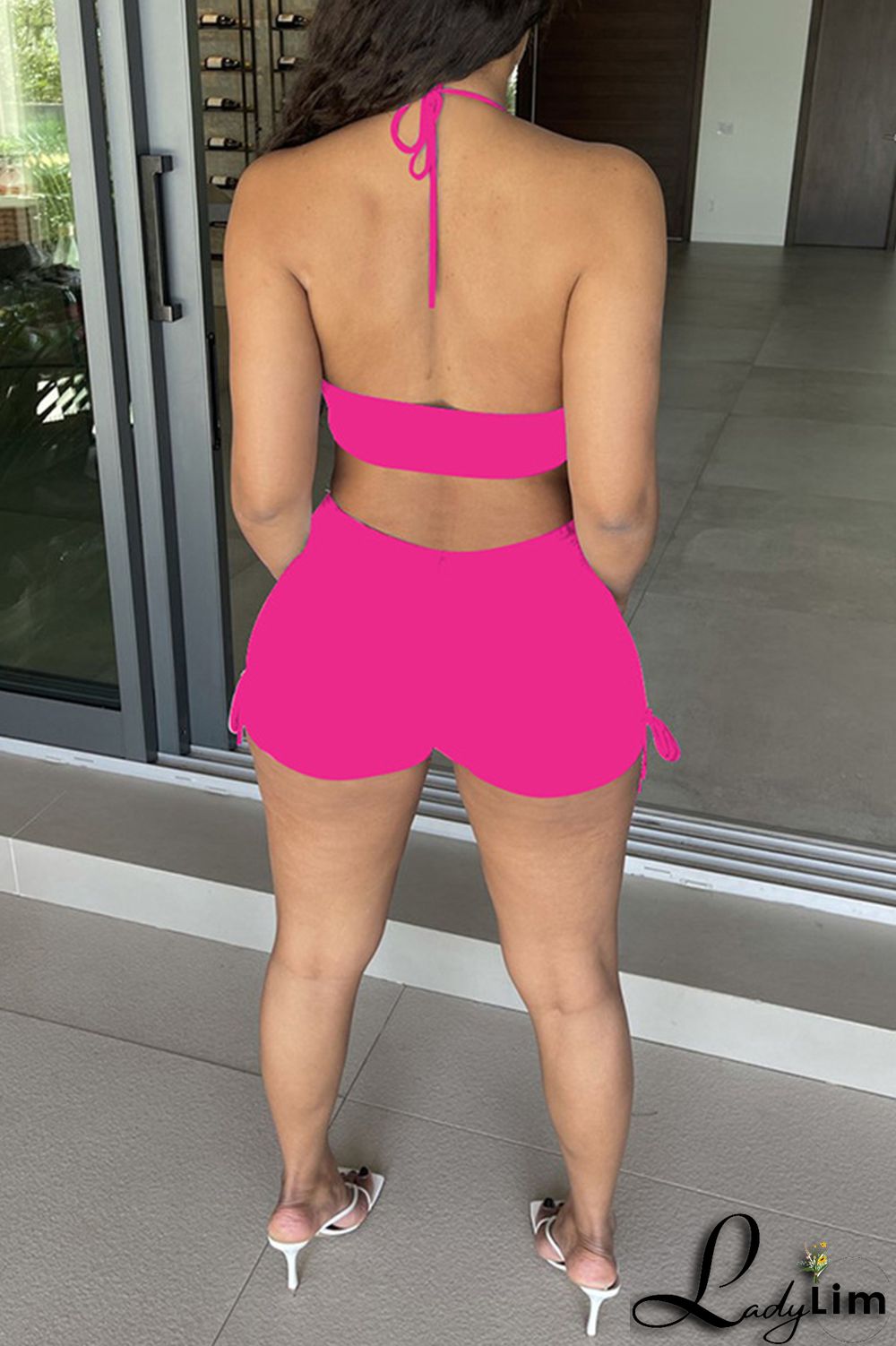 Black Fashion Sexy Solid Bandage Backless Halter Sleeveless Two Pieces