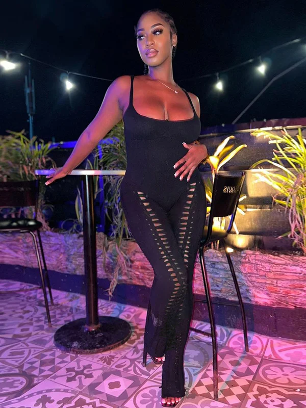 Statement Black Rippled U Neck Spaghetti Straps Jumpsuit