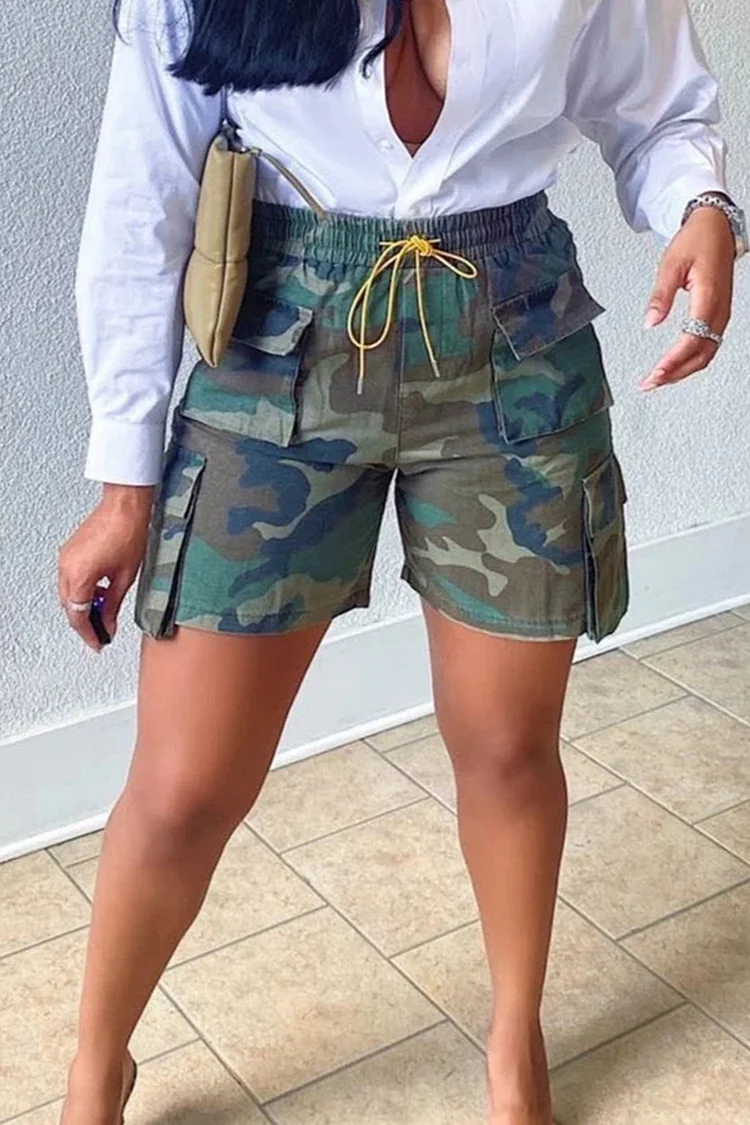 Plus Size Daily Army Green Casual Camo Cargo Shorts [Pre-Order] 2024 - Xpluswear