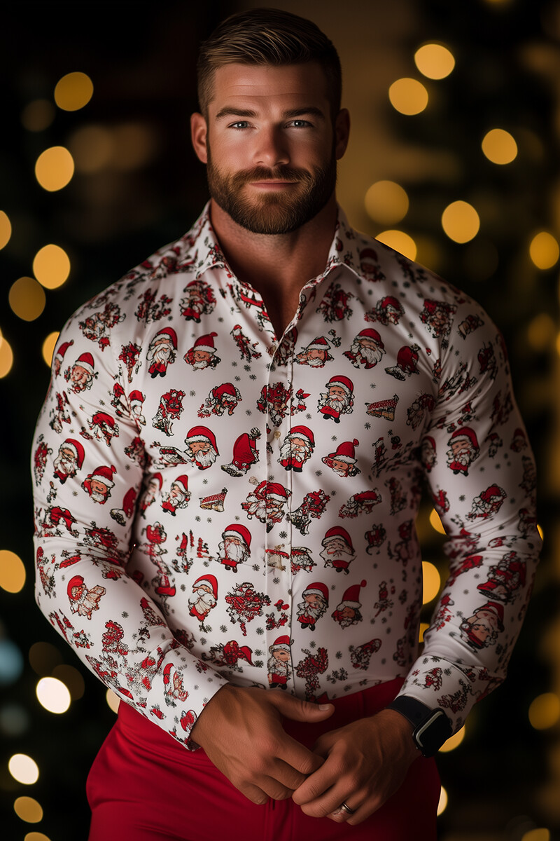 Christmas Santa Claus Print Long Sleeve Slim Fit Shirt