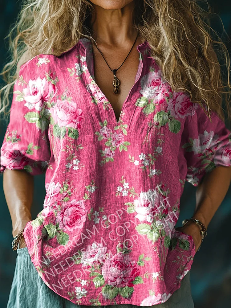 Womens Rose Pattern Long Sleeve Comfortable Cotton And Linen Shirt