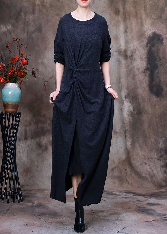 Art Dark Grey O-Neck side open Asymmetrical Velour long Dresses Spring CK074- Fabulory