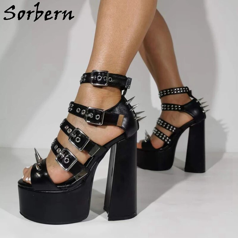 VCSHOES Black Patent Rivets Sandals Women Block High Heels Punk Style Studs Unisex Ankle Strap Shoe Chunky Heeled