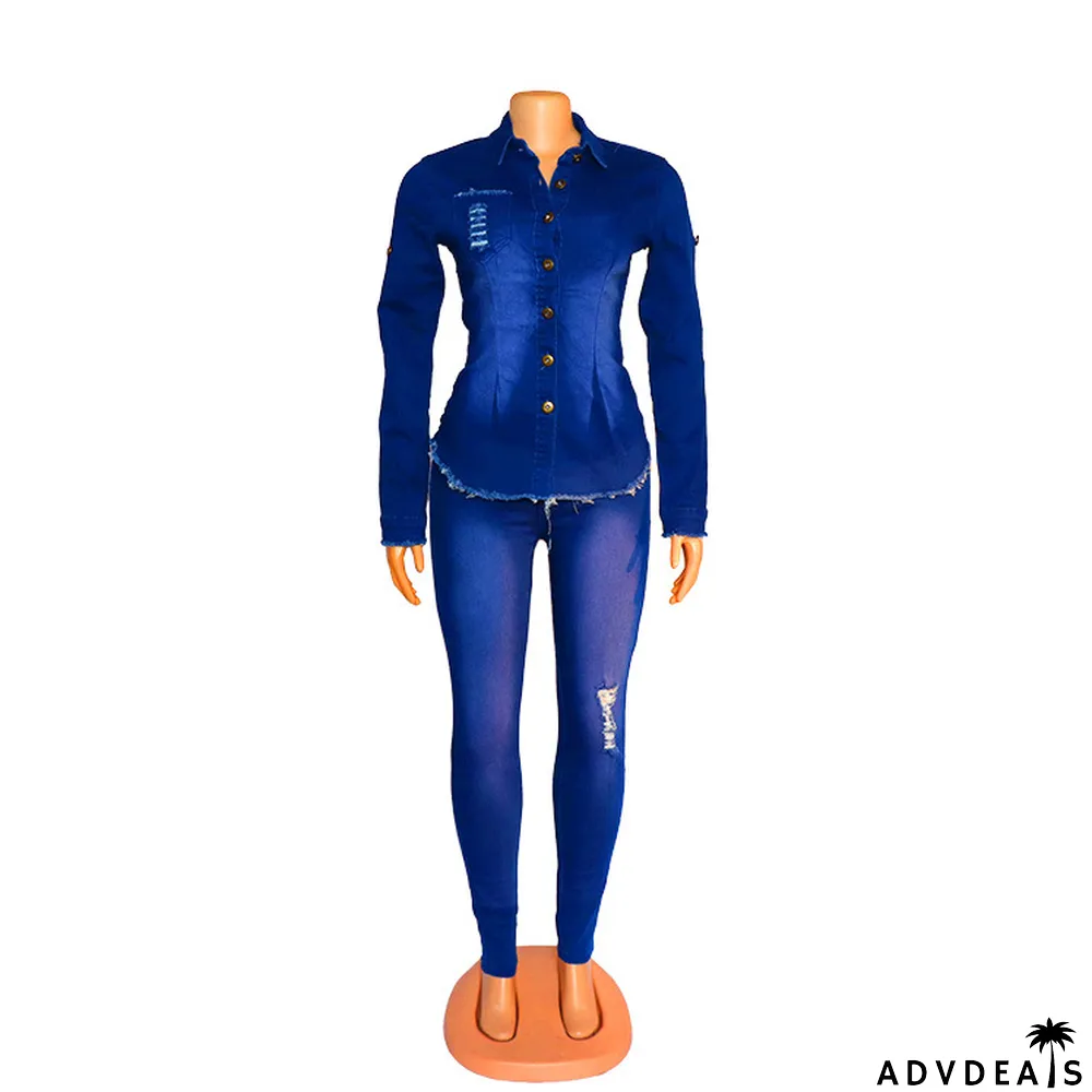 African Women Fashion Denim Long Sleeve Top and Pant Washed White Ripped Two Piece