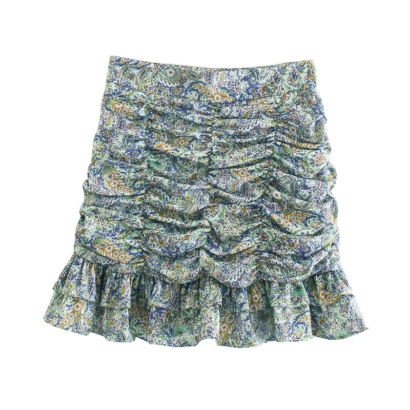 KPYTOMOA Women 2021 Chic Fashion With Ruffled Pleated Printed Mini Skirts Vintage High Waist Back Zipper Female Skirts Mujer