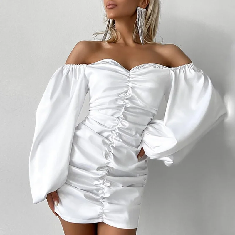 Fashion Strapless Long Sleeve Slim Club Dress 2023 Backless Solid Party Women Dress  Slash Neck Pleated Mini Wrap Hip Dress
