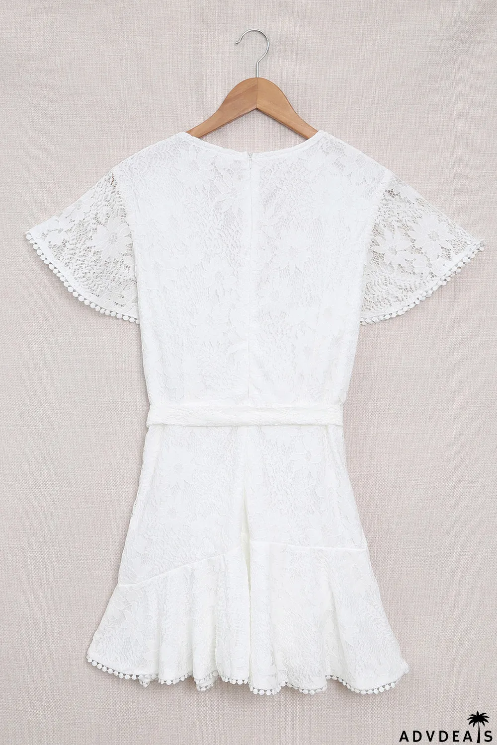 White Flutter Sleeve Wrap V Neck Floral Lace Short Dress