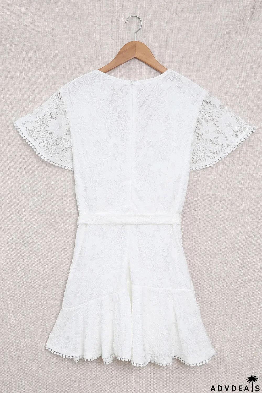 White Flutter Sleeve Wrap V Neck Floral Lace Short Dress