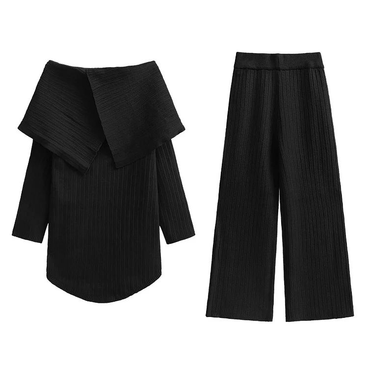 Casual Knit Shawl Collar Sweater and Wide Leg Pants Suits