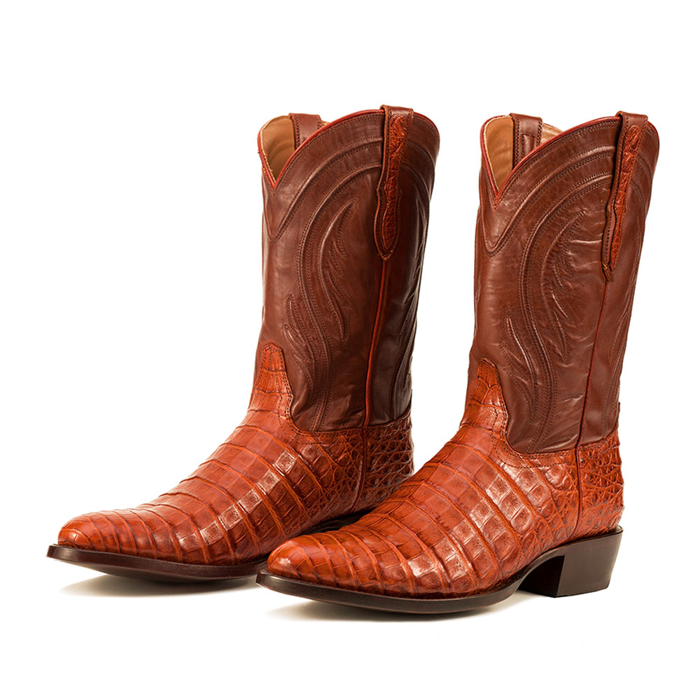 Orange & Brown Crocodile Pattern Chunky Heel Mid-Calf Cowgirl Boots Nicepairs