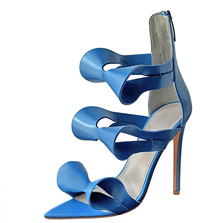 Blue Pointed Toe Zipper Sandal Women's Classic Stiletto Heel Golded Straps Shoes |FSJ Shoes