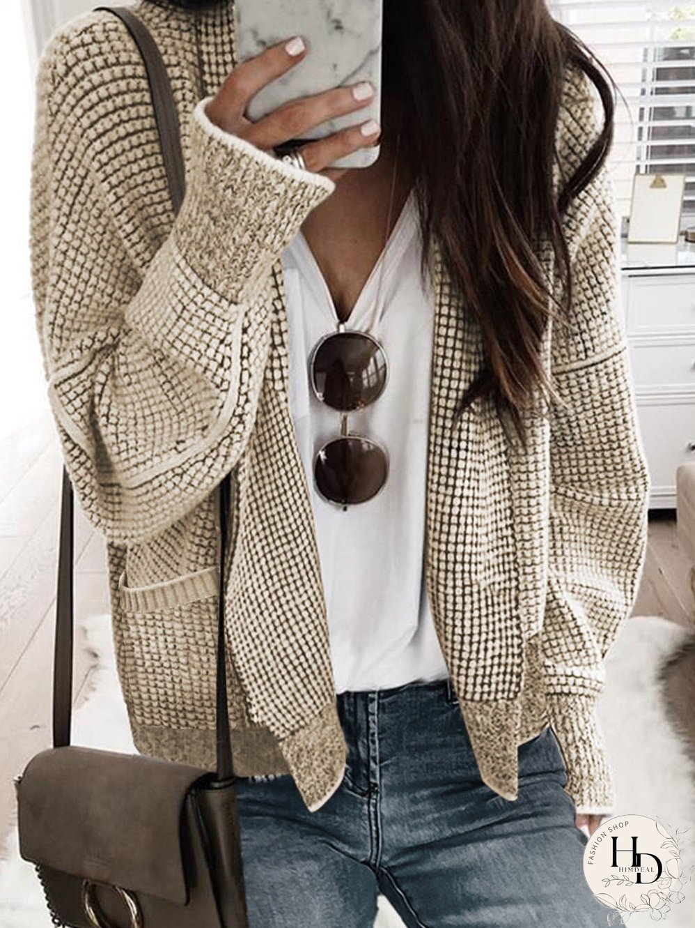 Apricot Oversized Collared Waffle Knit Cardigan