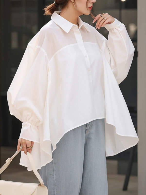 Irregular Hem Lantern Long Sleeve Solid Color Shirt