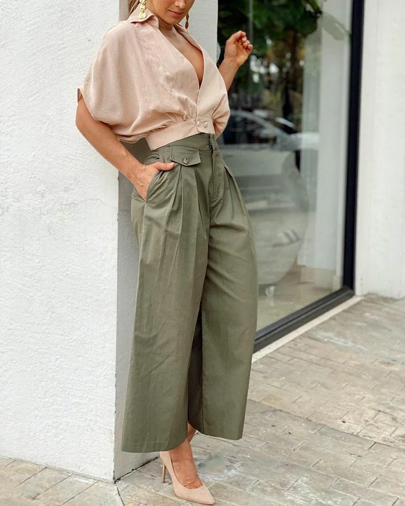 Two Piece Set of Short Sleeve Casual Top & Solid Color Pants