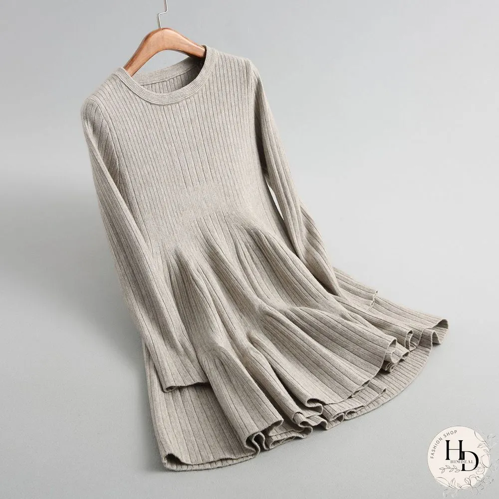 Spring Autumn Sexy Mini Dress Women O-Neck Long Sleeve Elastic Waist Korean A-Line Knitted