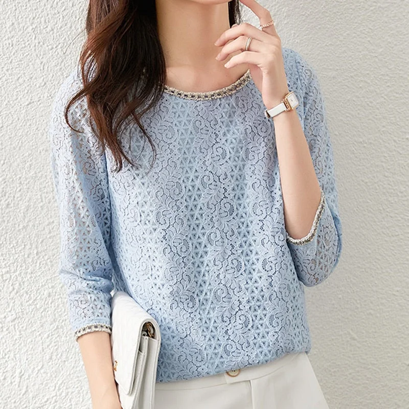 Autumn New High-end Crocheted Hollow Blouse Blue O-neck Three-quarter Sleeve Fairy Lace Blouse Elegant Apricot Print Shirt 16704