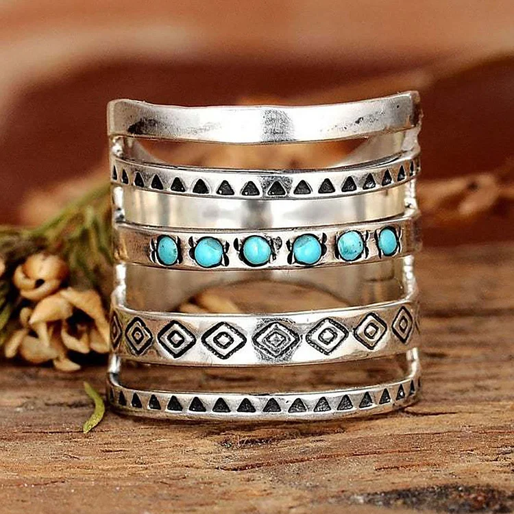 Olivenorma Sterling Silver Bohemian Openwork Carved Turquoise Ring