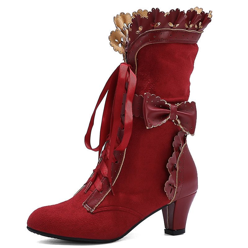 Women's Lolita High Heel Lace Front Lace Up Plus Size Women's Mid Calf Boots Novameme
