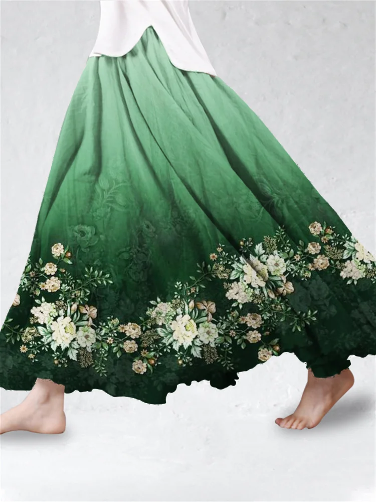VChics Classy Floral Gradient Linen Blend Flowy Wide Skirt