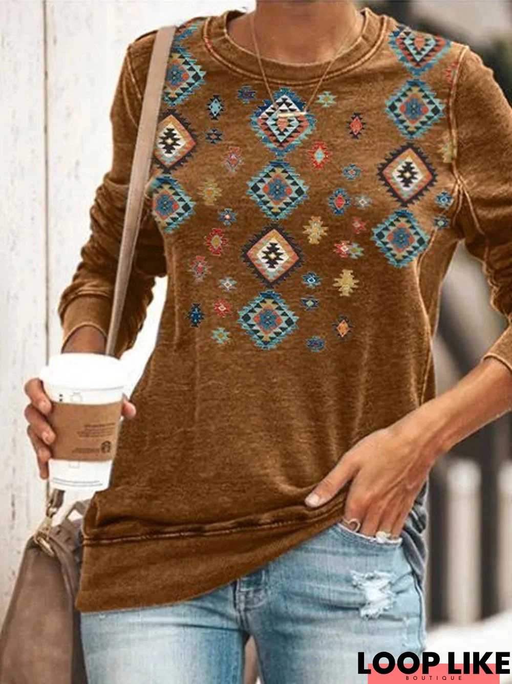 Casual Tribal Cotton-Blend Shift Tunic Sweatshirt