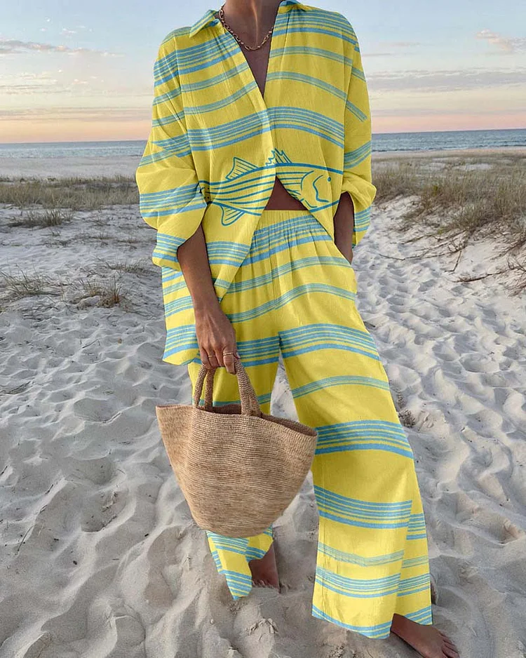Stylish Striped Fish Print Two-Piece Set