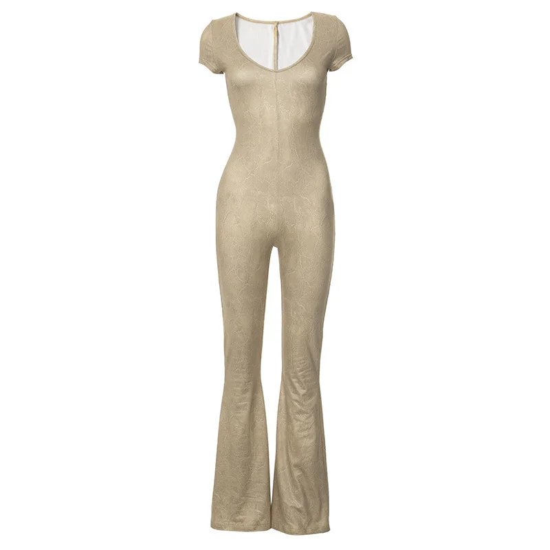 Uveng Uveng Women's Spring New Solid U-Neck Short-Sleeve Waist Pick-Up Trousers Jump-Up Trousers