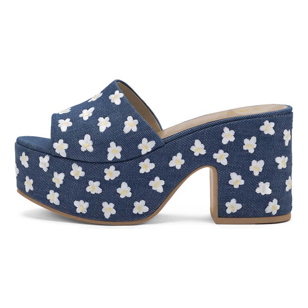 Blue Denim Open Toe Mules White Flower Embroidery Platform Sandals