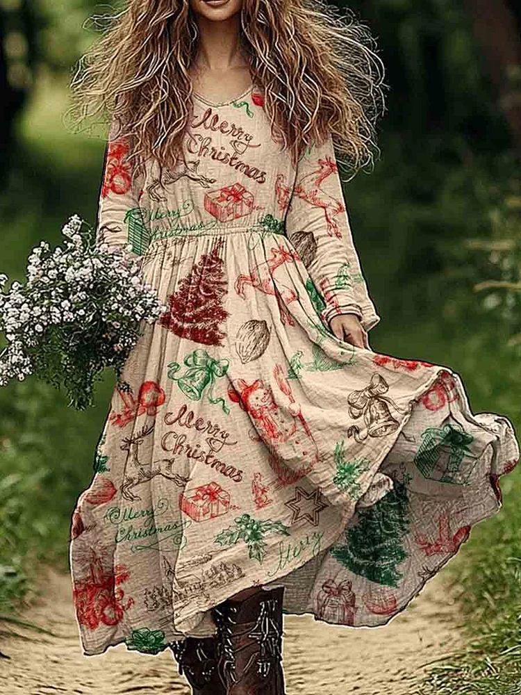 Womens Christmas Hand-Painted Pattern Cotton and Linen Dress