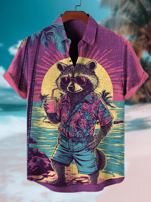 Men's Raccoon Drinks On Beach Holiday Print Short Sleeve Shirt
