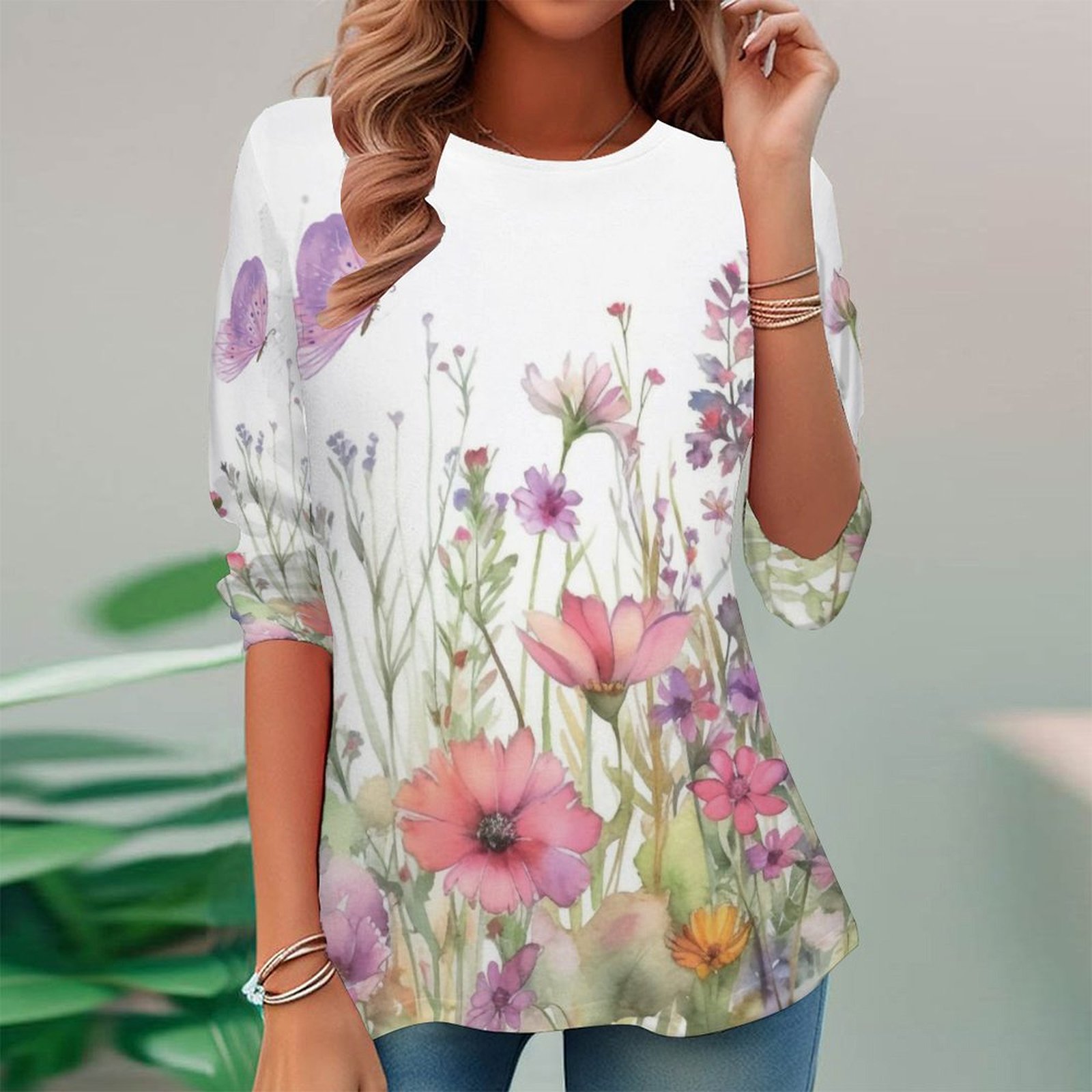 Women Long Sleeve V-neck Graphic Floral Printed Top