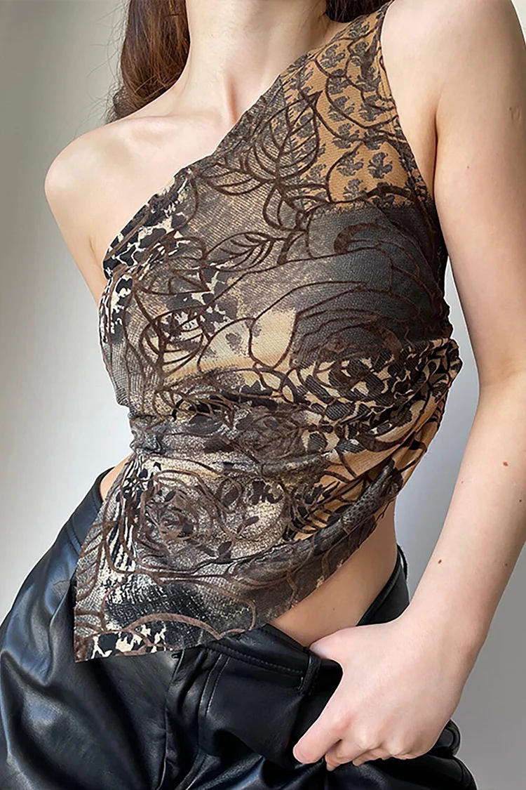 Floral Pattern One Shoulder Sleeveless Irregular Top-Brown