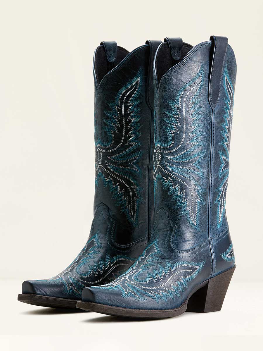 Navy Chunky Heels Snip Toe Embellished Cowgirl Boots for Women