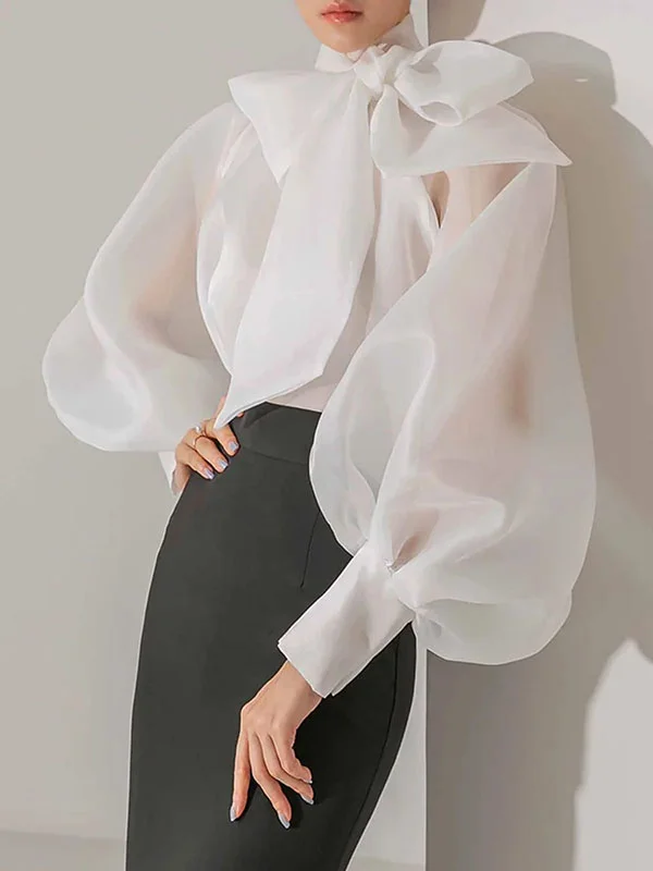 Puff Sleeves Bow-Embellished See-Through High-Neck Blouses&Shirts Tops