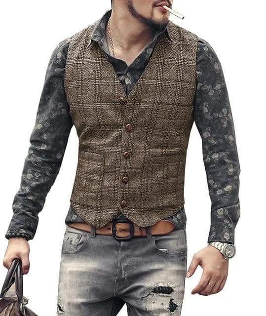 Dark Academia Brown Plaid Old Time Slim Fitted Gilet V-Neck Vest DK076