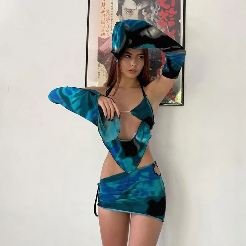 Tie Dye Print Two Piece Set Women Summer Sexy Halter Top Long Sleeve Backless Casual Vacation Outfits + Mini Skirt Matching Suit