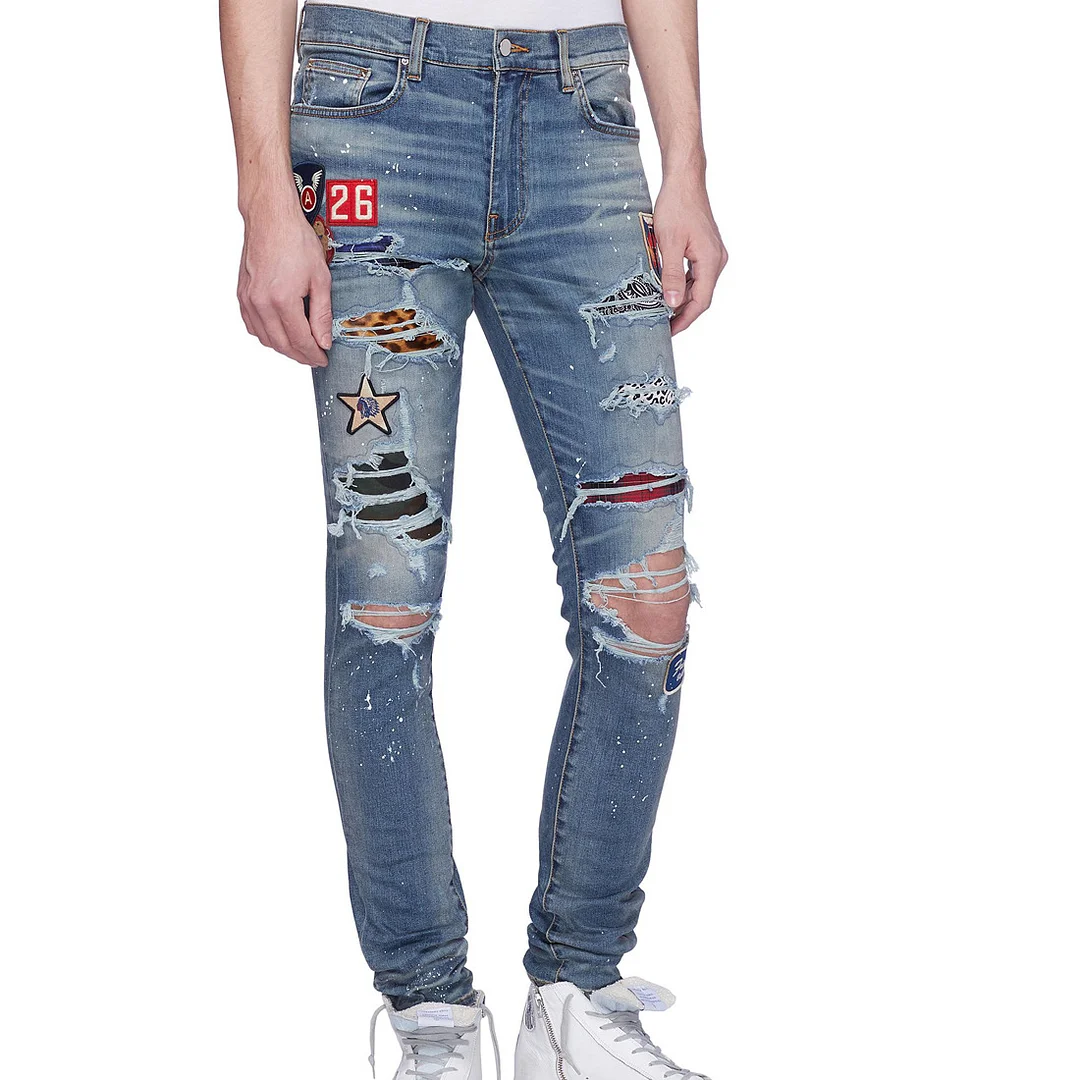 Men's High Street Printing Ink Splashing Paint Ripped Skinny Stretch Jeans