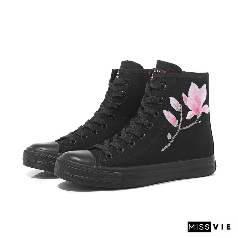 Vintage Blossom Embroidery Lace Up Zipper Canvas Shoes