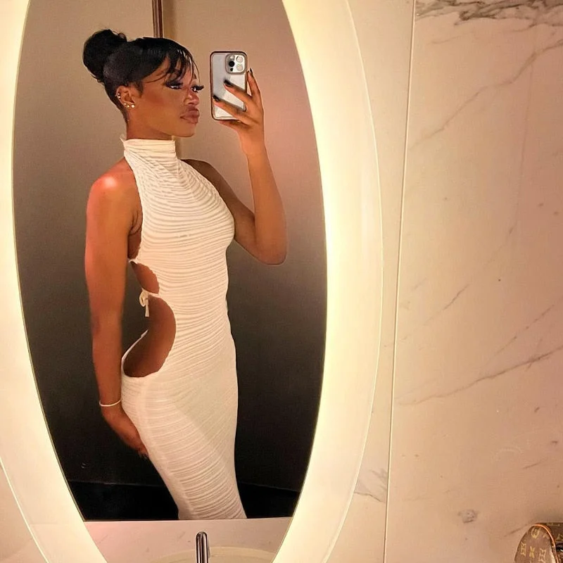 BIIKPIIK Solid Folds Backless Lace-up Halter Casual Dresses Women Fashion Sleeveless Knee-length Streetwear Clothes Sheath Dress