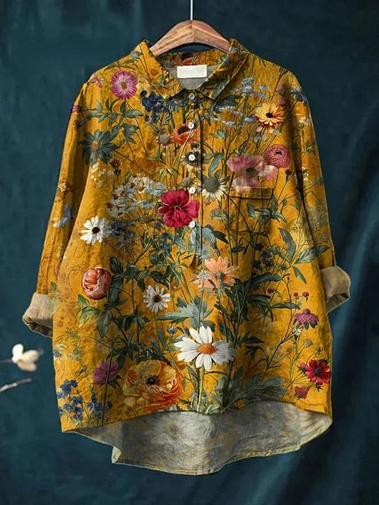 Vintage Floral Art Print Casual Cotton and Linen Round Neck Button Pocket Midi Shirt Long Sleeve Women's Top