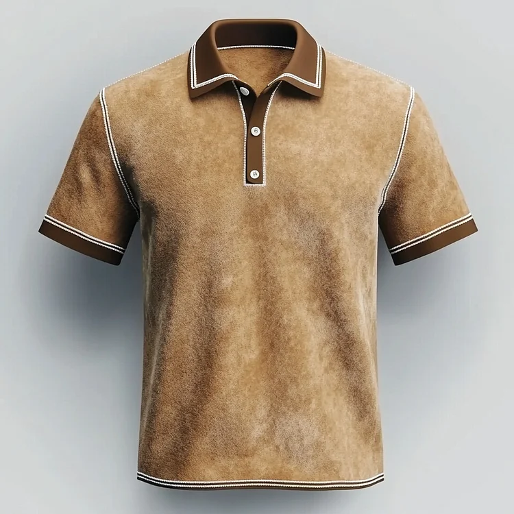 Men's Suede Stripes Patchwork Short Sleeve Half Button Polo Shirt