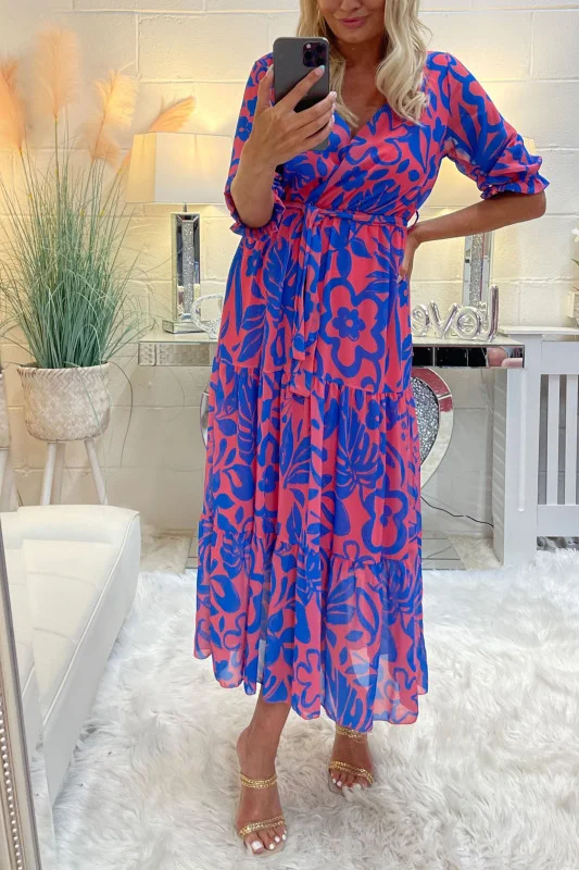 Floral-print ruffled-sleeve tie-waist maxi dress