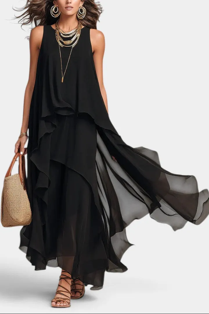 Flowing Sleeveless Chiffon Maxi with Layered Ruffles