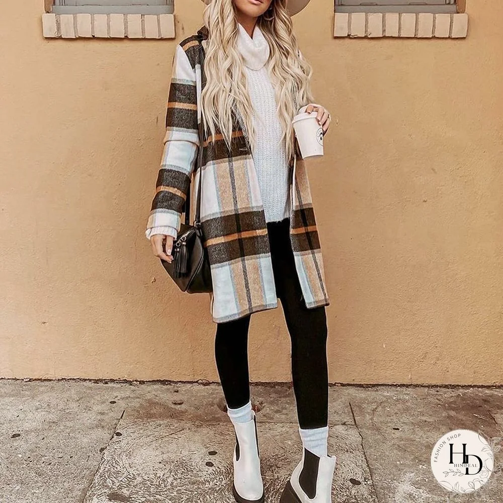 Autumn Women Casual Plaid Print Coat Fashion Long Sleeve Turn-down Collar Cardigan Coat Ladies Loose Commuter Woolen Jacket