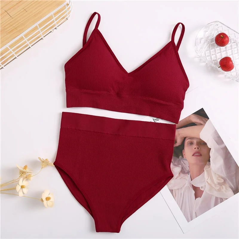 Women Bra Set 2PCS Sexy Brassiere Female Bralette + High Waist Panties Underwear Lingerie Basic Stretchy Ribbed Tank Crop Top