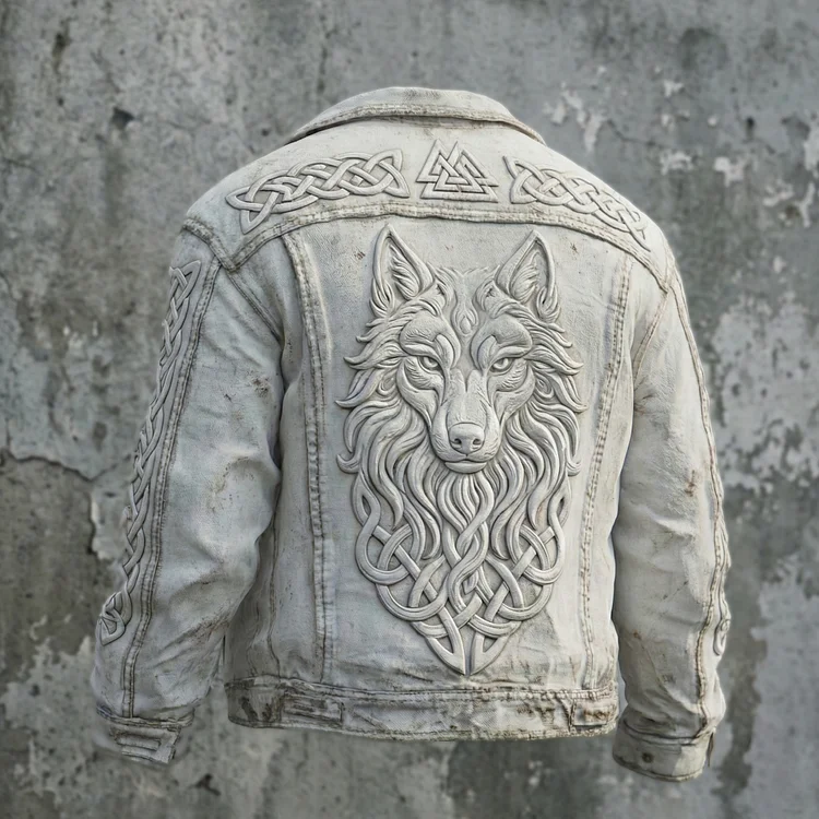 Men's Retro Viking Wolf Celtic Knot Art Washed Denim Jacket