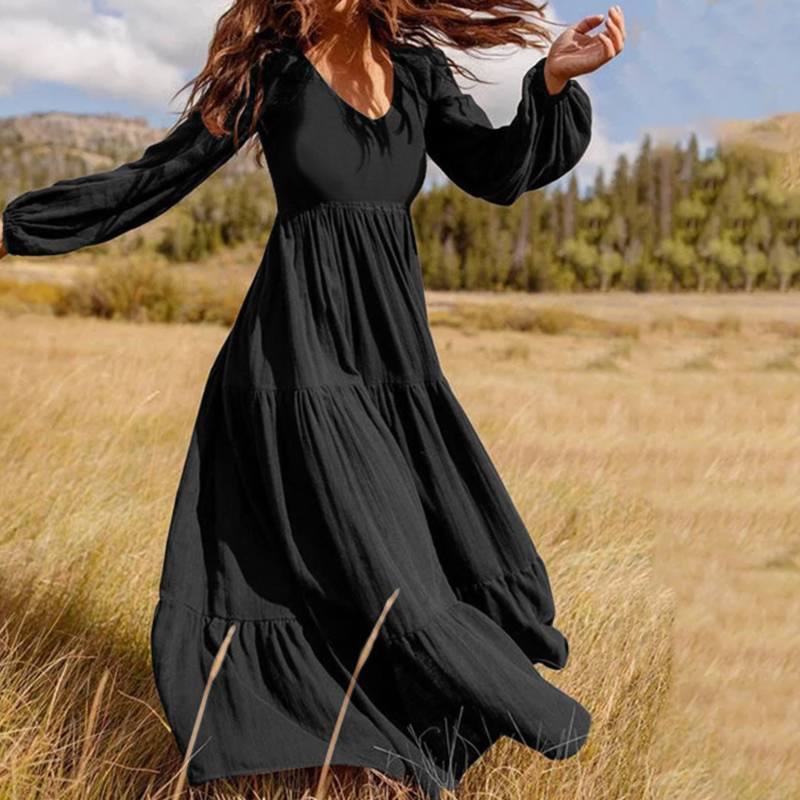 V-Neck Casual Retro Floral Print Chiffon Loose Maxi Dress