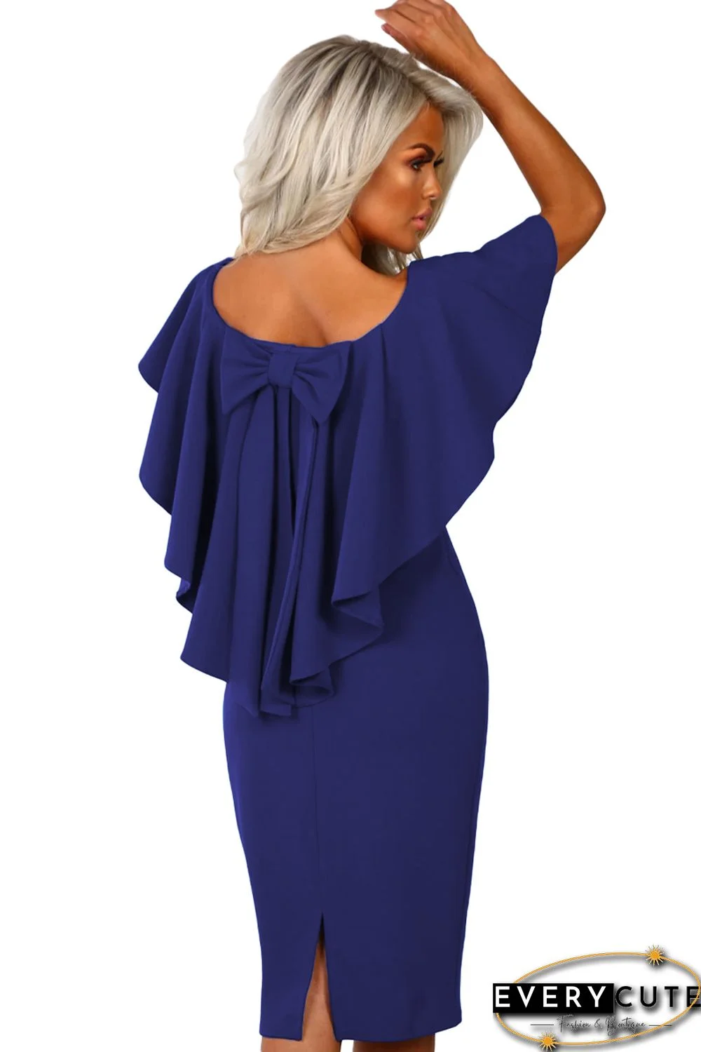Royal Blue Bow Poncho Overlay Bardot Midi Dress