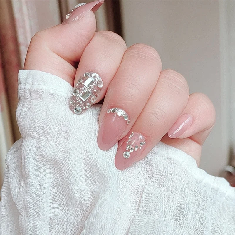 24 Pcs Nude Color nail tips Women Wearable  Fake press on Nails with Diamond Short Round Full Cover artificial nails with Glue-Nail Inspo