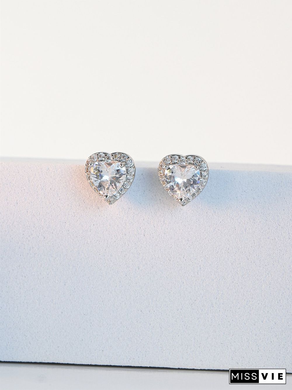 Full Diamond Pink Zircon Heart Stud Earrings Commuter Jewelry